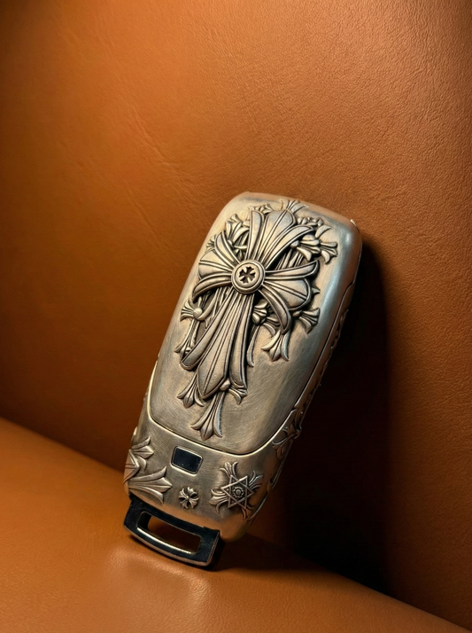 Gothic CrossβEngraved 925 Sterling Silver Key Case for 2nd-Generation Mercedes-Benz Smart Keys