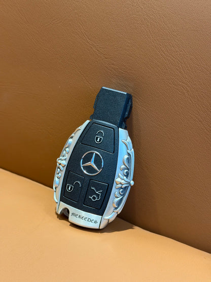 Gothic Floral–Engraved 925 Sterling Silver Car Key Case for 1st-Generation Mercedes-Benz Smart Keys