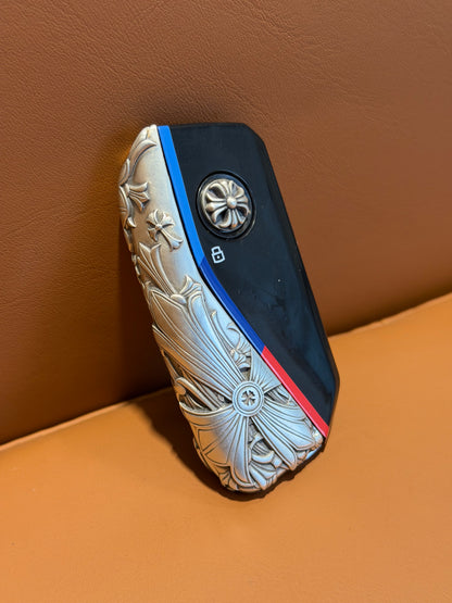 Gothic Cross–Engraved 925 Sterling Silver Car Key Case for BMW New-Generation Smart Keys (2023–2024) (7 Series, X7, i7, iX, XM, X5, X6)